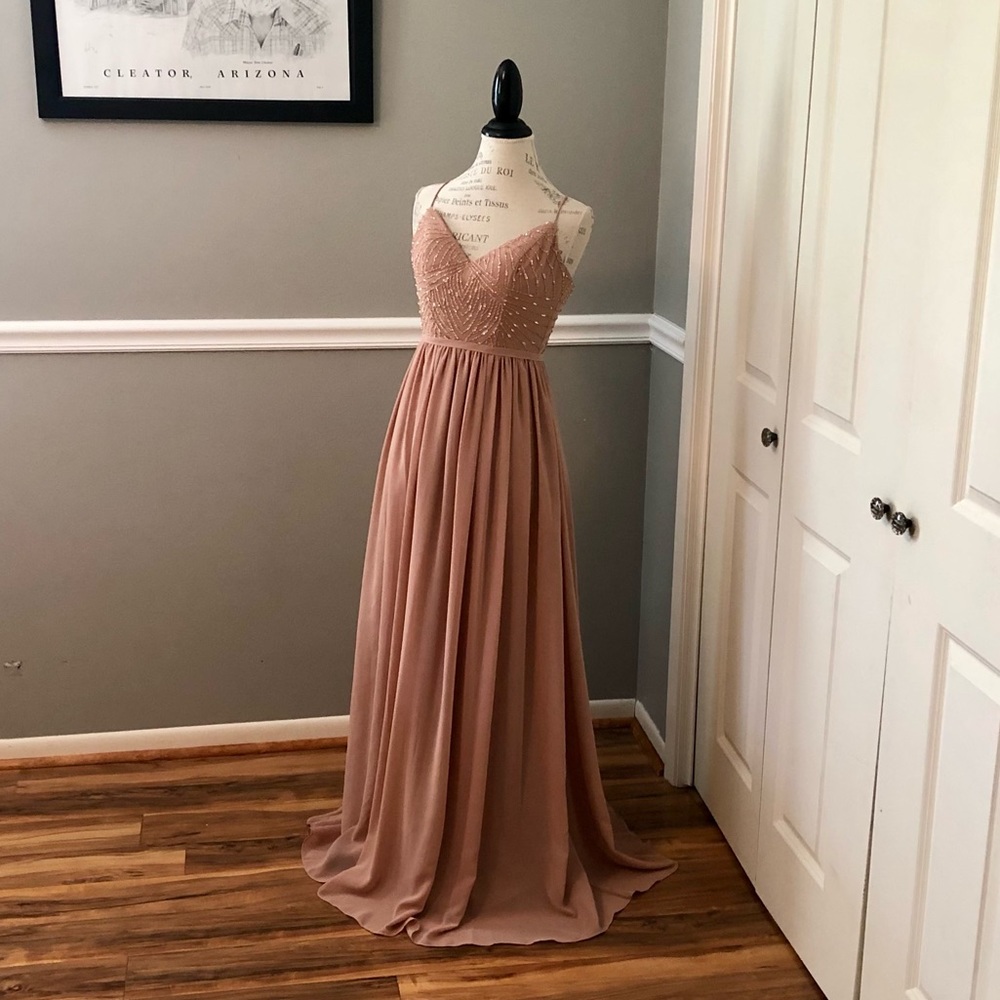 NEW ADRIANNA PAPELL SZ 2 ROSE GOLD BEADED CHIFFON FORMAL GOWN